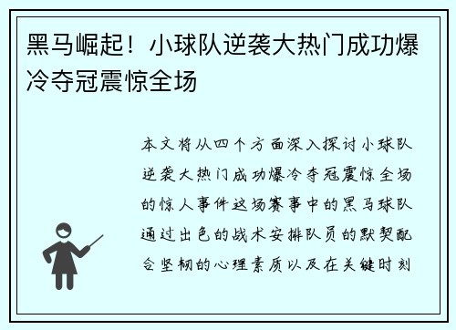 黑马崛起！小球队逆袭大热门成功爆冷夺冠震惊全场